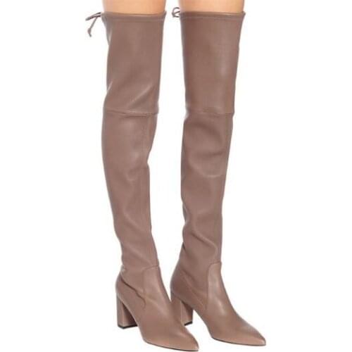 Drop Shipping Woman Fashion Beige Black Over The Knee Boots Lady 80 mm Chunky Heels Pointed Toe Slim Long Boots Plus Size 48