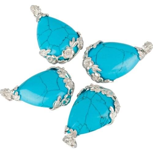 SUNYIK Blue Howlite Stone Teardrop Inlaid Flower Healing Crystal Pendant Fit Necklace