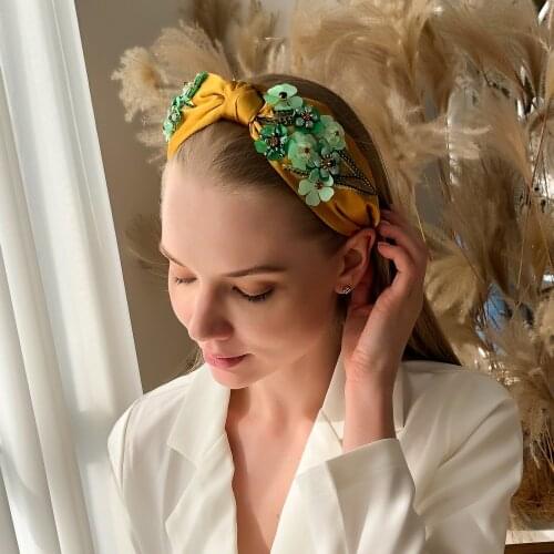 Top Knotted Hairbands Women Solid Color Embroidery Hairband With Flower Rhinestone Head Band Soft Stain Headwear Hair Accessory