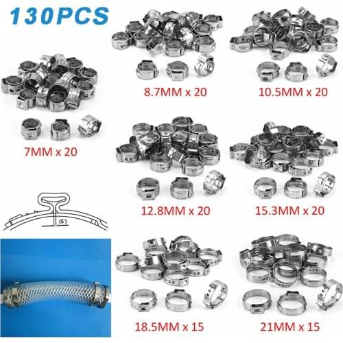 130pcs Single-Ear Car Fuel Hose Clamps Set Stainless Steel Hardware Accessories Galvanized Assortment Hook 7-21mm