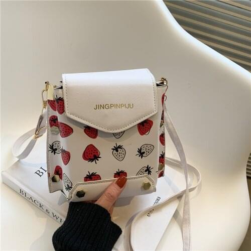 Korean Fruit Strawberry Womens Shoulder Bag Ladies PU square Bags 2021 Portable Solid Mobile Phone Bags Torebka Damska Wallets