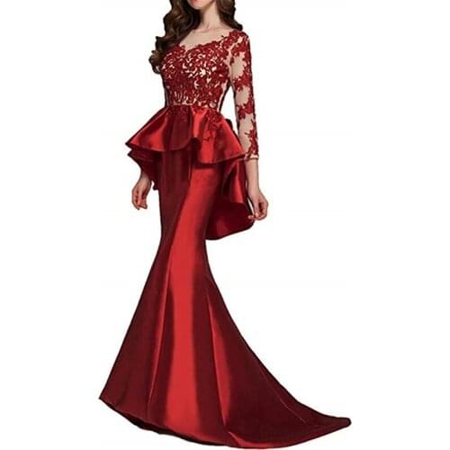 Elegant Burgundy Blue Satin Evening Dress Long Sleeve Lace Special Occasion Prom Dress Mermaid Women Wedding Party Long Gown New