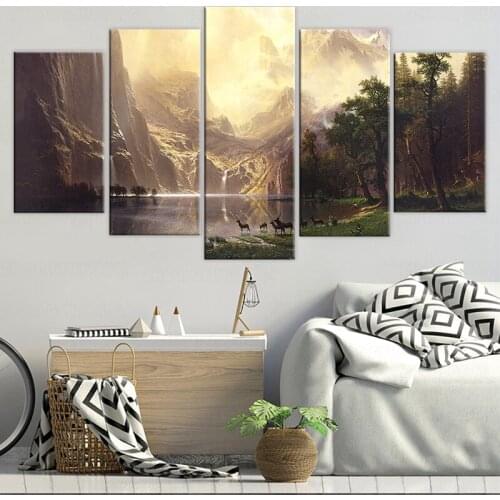 5 Pcs Canvas Art Mountain Lake Deers HD Printed Wall Art Home Decor Canvas Painting Picture Poster Prints with frame