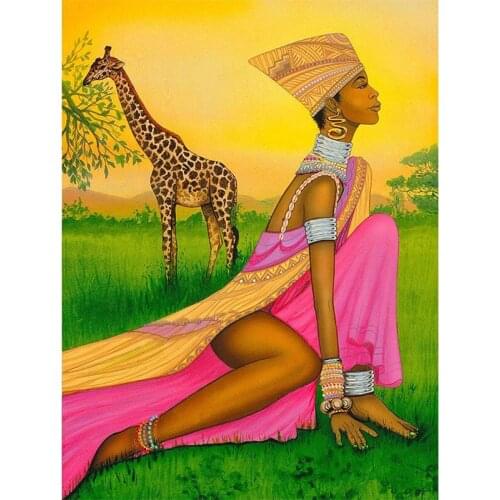 Diamond Painting Grass African Woman and Giraffe Full Drill by Number Kits for Adults Kids, DIY Rhinestone Paint with Painting