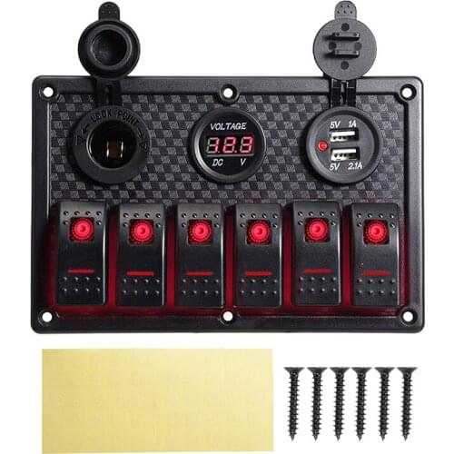 Car Switch Panel 6 Gang Digital Voltmeter Dual USB Port 12V 24V Auto Interior Accessories For Yacht Boat Marine RV Camper Bus