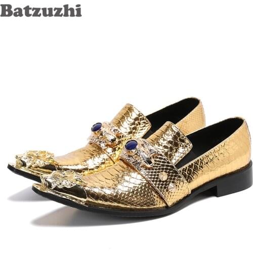 Batzuzhi 2020 New Luxury Chaussures Hommes Genuine Leather Shoes Men Pointed Metal Toe Golden Party and Wedding Footwear Shoes