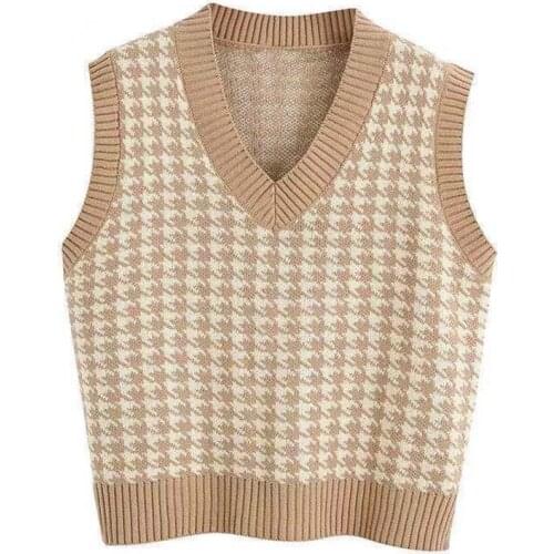 Sleeveless Geometric Houndstooth Sweater Vest Women V Neck Pullover Casual Knitted Fall Winter Sweet Jumper Korean Knitwear 2021