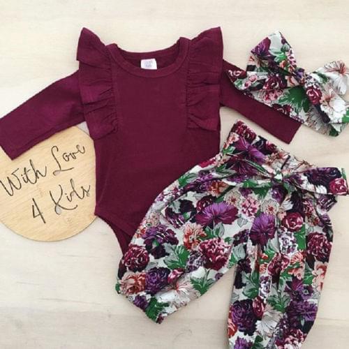 Newborn Kid Baby Girls Floral Bodysuit Romper Pants Home Outfits Set Clothes