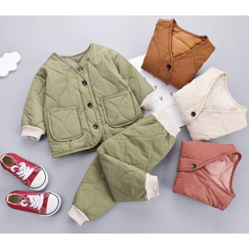 ChildrenS Clothing 2020 Winter New Korean Plus Velvet Thickening Boy Girl Baby Two-Piece Bread Suit ChildrenS Cotton Sets