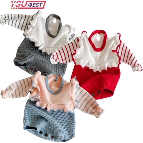 Newborn Baby Clothes Spring Autumn Kids Girl Long Sleeve Rompers Clothes Infant Baby Girls Ruffle Knit Stripe Rompers Clothing