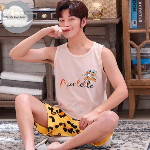 Summer Men Pyjamas Knitted Cotton Cartoon Vest Pajamas Set Casual Sleepwear Pyjamas Nightwear Pijamas Plus Size XXXXL Homewear