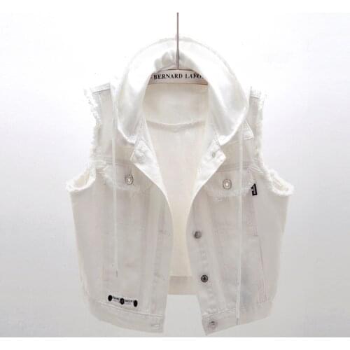 Fashion White Denim Vest Women Spring Summer Casual Sleeveless jacket Short Detachable Hooded Denim Vest Women Waistcoat Tops