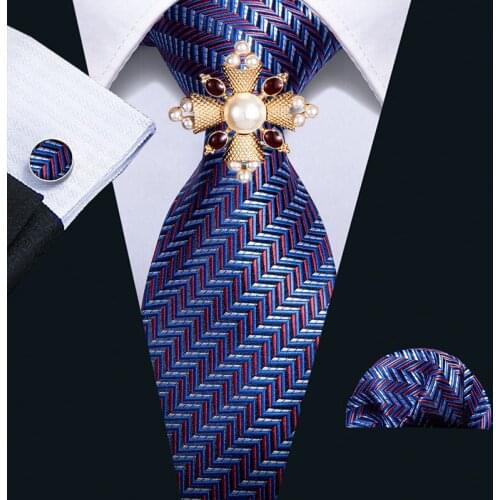 Mens Wedding Tie Blue Red Striped Silk 4pc NeckTie Handkerchief Cufflinks Brooch Set Barry.Wang Fashion Designer Business Party