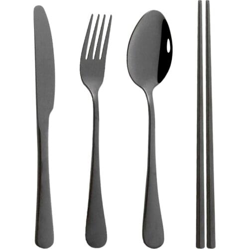 4pcs Black Gold Portable Dinnerware Set Stainless Steel Flatware Mirror Family Dinner Knife Fork Spoon Chopsticks Cutlery Set