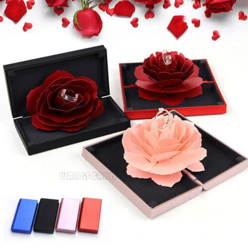 New Hot Beautiful 3D Pop Up Rose Ring Box Wedding Engagement Jewelry Storage Rectangular Proposal Rotating Rose Flower Ring Box