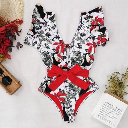 Sexy Ruffles Floral Print One Piece Swimsuits Off Shoulder Swimwear Women Deep-V Bow Knot Beachwear Bathing Suit Monkini Fashion