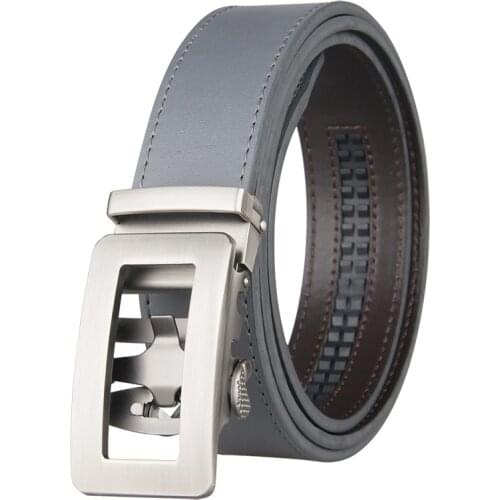 New Arrival Men Holeless High Quality Gray Leather Ratchet Belt with Automatic Sliding Buckle Waist Belt