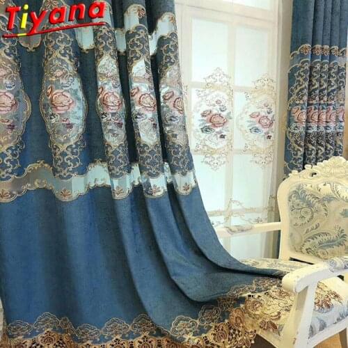 Luxurious Peony Embroidery Tulle Curtains for Living Room Blue Semi-Blackout Curtains for Bedroom Villa Hotel X-M258#VT
