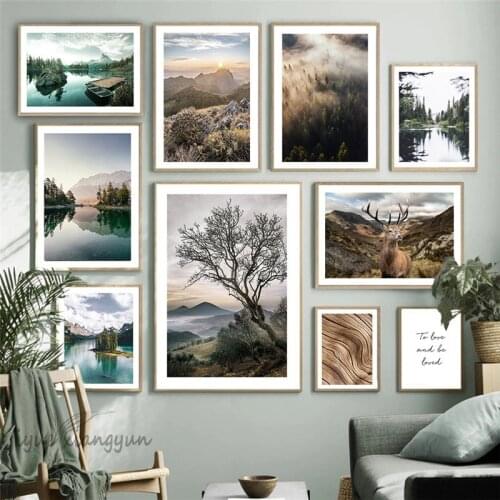 Scandinavian Nature Landscape Canvas Painting Sunrise Lake Tree Nordic Poster Print Wall Art Picture Modern Living Room Decor