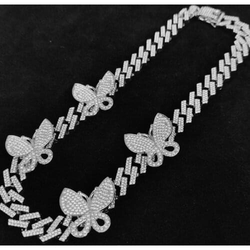 Hip Hop 15MM Bling Iced Out Rhinestone Zircon Crystal Cuban Prong Butterfly Chain Mens Necklaces For Men Women Jewelry