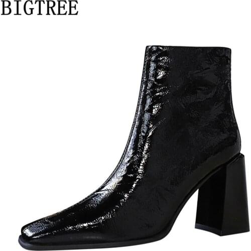 Bigtree Brand Ankle Boots For Women Black Boots High Heel Boots Fashion Winter Shoes Pumps Patent Leather Designer Shoes Botas