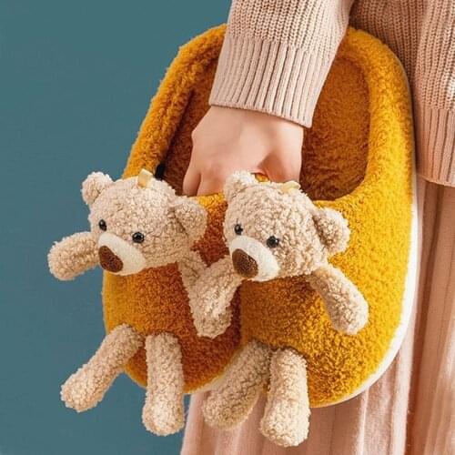 Cartoon 3d Bear Women Fluffy Slippers Lovely Winter Warm Fur Shoes Men Couples Thick Sole Home Indoor Boys Girl Zapatillas Mujer