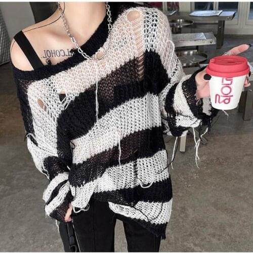 Women Drunge Style O Neck Thin Hollow Out Sweaters Striped Loose Harajuku Korean Gothic Fashion Sweater Casual Knitted Top Goth