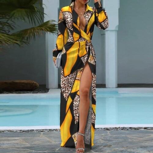 Women Cheetah Print Colorblock Twisted High Slit Shirt Dress Turn-Down Collar Maxi Bodycon Dress Elegant Party Dress