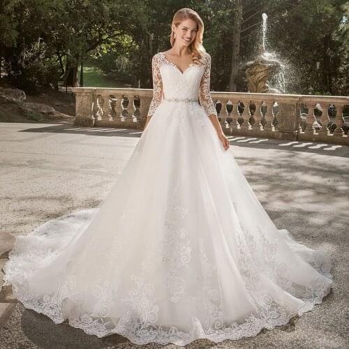Robe De Mariage Ball Gown Wedding Dresses Three Quarter Sleeve Trouwjurk V-Neck Gelinlik Sequined Beading Vestido De Novia