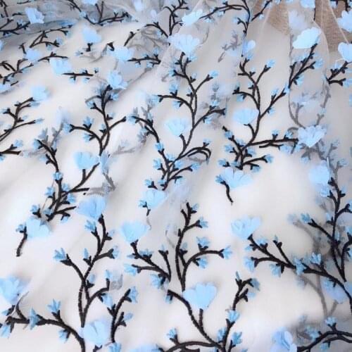 1 Yard Blue 3D Dense Chiffon Blossoms Flower Lace Fabric Floral Overlay Embroidery Fabric For Party Evening Dress Prom Ball Gown