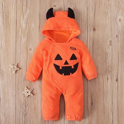 2021 Infant Baby Boys Halloween Pumpkin Hooded Romper Jumpsuit Clothes Playsuit Infant Halloween Cosplay Costume