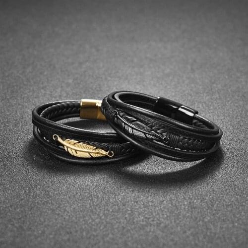 Genuine Leather Bangle Leaf Feather Multi-Layer Men Bracelet Stainless Steel Magnetic Clasp Fashion Bangles Vintage Male Jewelry