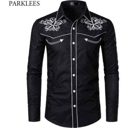 Black Embroidery Shirt Men 2019 Brand New Star Mens Button Down Shirts Mens Long Sleeve Dress Shirts Chemise Homme Camisa XXL