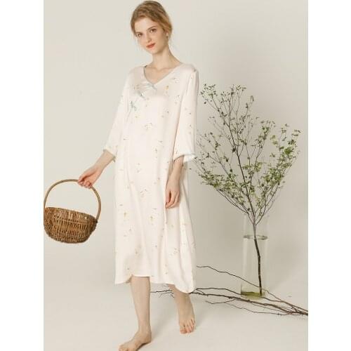 Hanxiuju Viscose Long Nightgowns For Women Vintage Chinese Style Button Loose Floral Elegant Sleepwear Autumn Spring