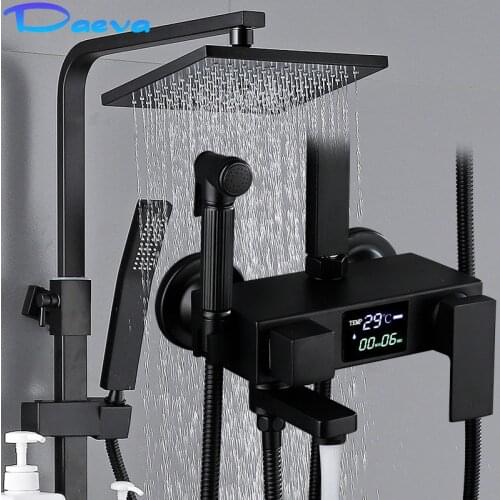 Shower System Digital Black Shower Set Bathroom Wall Mounted Bath Faucet Square Head Rainfall Hot Cold Mixer Top Spray Shower