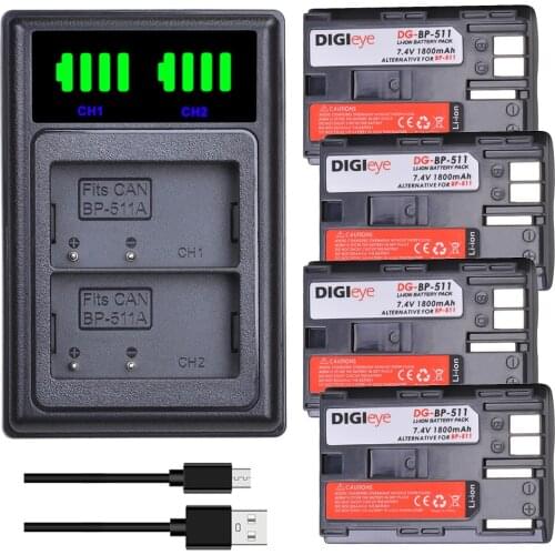 4X BP-511A BP-511 BP 511 BP 511A BP511 BP511A Battery + LED USB Dual Charger for Canon EOS 40D 300D 5D 20D 30D 50D 10D D60 G6