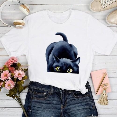 T-shirts Women Cat Cartoon Funny Pet 2021 Clothing Spring Summer Tshirt Top Lady Stylish Ladies Print Clothes Tee T-Shirt