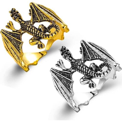 Gothic Retro Pterodactyl Ancient Silver Creative Domineering Mens Opening Ring Halloween Jewelry Christmas Gift Adjustable