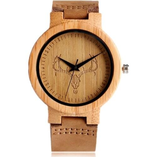 Hot Selling 2020 Cattle Head Pattern Bamboo Wooden Watches Natural Wood Handmade Wristwatches Men Women Dress Watches