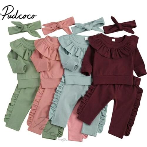 Baby Girls 3Pcs Outfit Clothes Set, Solid Color Long Sleeve Round Collar Top + Pants + Headdress, Pink/ Wine Red/ Blue/ Green
