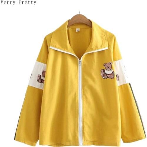 Loose Zipper Jacket Women Cartoon Bear Print Funny Jacket Coats 2020 Casual Spring Lady Basic Coat Fashion Outerwear