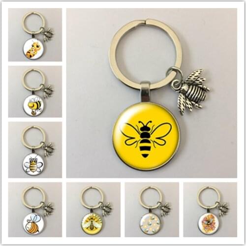 Cute cute bee animal bee happy yellow style round glass cabochon keychain bag car keychain key ring charm charm keychain