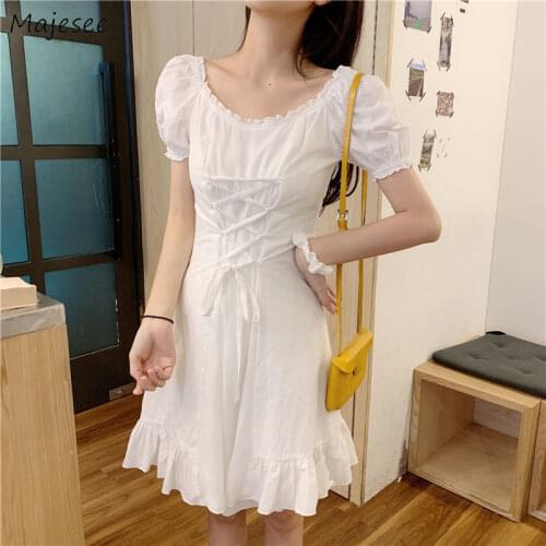 Short Lantern Sleeve Mini Dress Women Lace-up White Ruffles O-neck Korean Sweet Vintage Design Casual A-line Fashion Female Chic