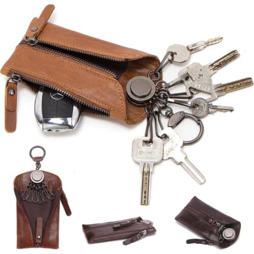 Mens Functional Genuine Leather Key Wallet with 6 Key Holder Hooks Zipper Pocket Car Keychain Case Male Vintage Key Organizer