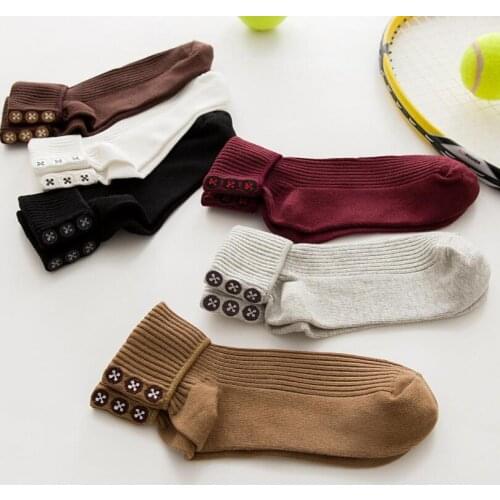 Women Solid Cotton Ankle Socks Button Like Embroidery Socks Turned Cuff Girls White Crew Socks Winter Short Sock 5 Pairs/lot