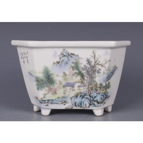 Pink Landscape Hexagonal Flower Pots Folk Collection, Home Decoration, Flower Ornaments, Antique Porcelain