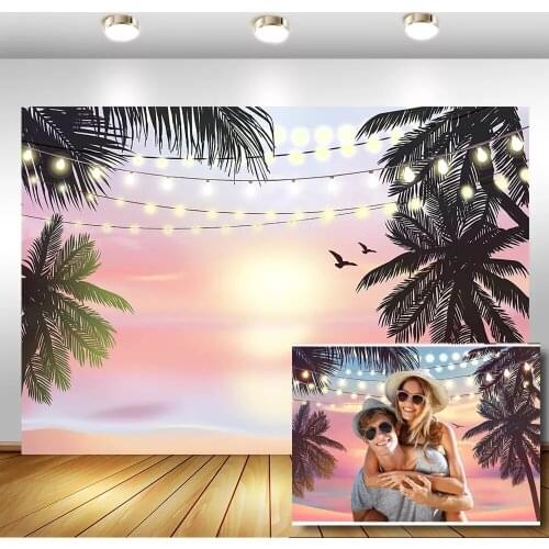 Pink Sunset Hawaiian Beach Backdrop Summer Tropical Seaside Photography Background Wedding Birthday Baby Shower Decor Banner