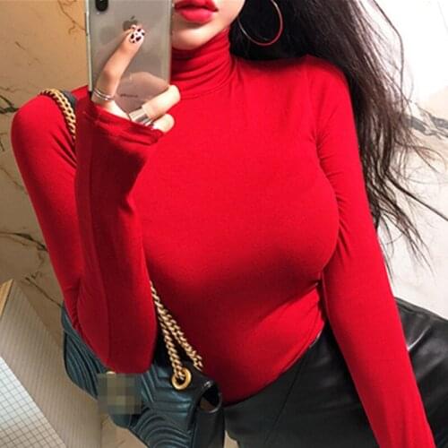 Turtleneck Slim Shirts Women Spring Red Long Sleeve Shirt Tops High Neck Basic Unlined Upper Shirt Fashion Korea Ladies Clothes
