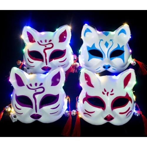Japanese Animal Cat Luminous Half Face Mask with Tassels Small Bells Hand-Painted Cosplay Anime Masquerade Glowing Fox Mask