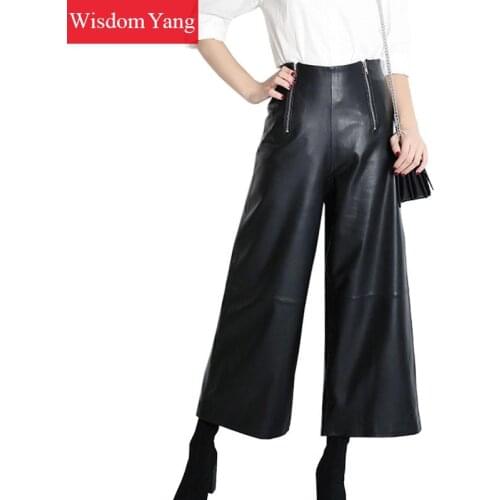 Spring Black Real Sheep Skin Genuine Leather Wide Leg Pants Nine Trousers Office Ladies Womens Pants High Waist Pant Trouser